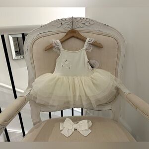 🩰 6~9 Mth Ivory Ballet Multi Tiered Tulle Fancy Baby Dress with Bow NWT